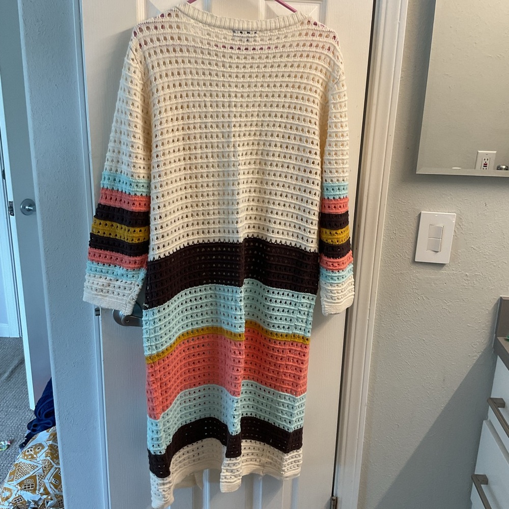 Polagram Open-Knit Long Cardigan with Multicolor Stripes small euc boho festival - Picture 3 of 7